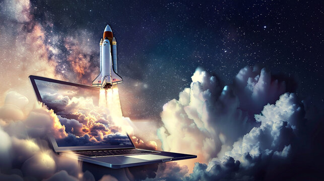 Lanzamiento de cohete espacial desde la pantalla de una computadora port&aacute;til