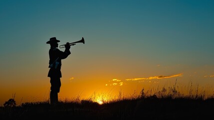 Bugle atop an inverted rifle, representing a minimalist Memorial Day tribute copy space, solemn reflection, vibrant, silhouette against a sunrise backdrop