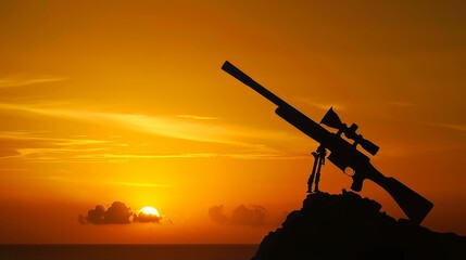 Bugle atop an inverted rifle, representing a minimalist Memorial Day tribute copy space, solemn reflection, vibrant, silhouette against a sunrise backdrop