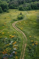 Naklejka premium Aerial shot of a winding path cutting through a field of wildflowers, leading towards a hidden grove of trees