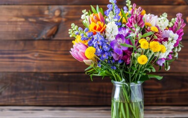 A vase filled with an assortment of vibrant and colorful spring flowers sitting on a wooden table