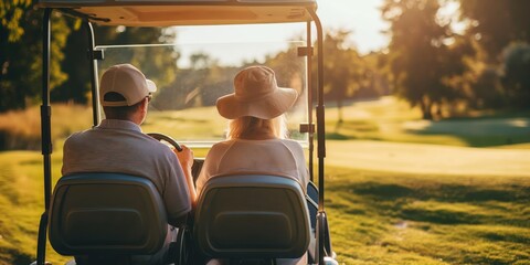 A back view of a senior couple enjoying a sunny day out in a golf cart on the golf course