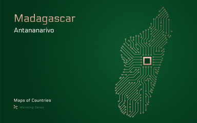 Naklejka premium Madagascar Map with a capital of Antananarivo Shown in a Microchip Pattern with processor. E-government. World Countries vector maps. Microchip Series