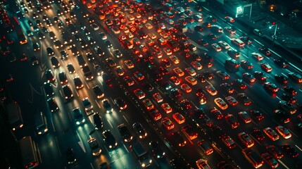 Aerial view of a traffic jam at night, a gridlock of headlights and taillights creating abstract patterns