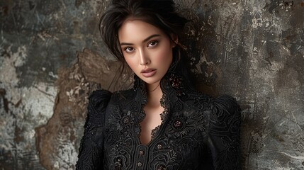 Fototapeta premium girl fashion with intricate lace details and embellishments photographed in daylight