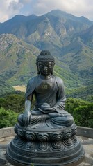 Fototapeta premium A Buddha statue seated atop a stone platform on a mountain