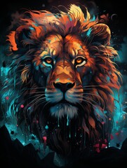 T-shirt design featuring a forward-facing lion, full moon backdrop, styled as a neon abstract poster, high- contrast