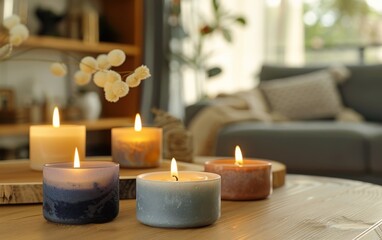 Collection of burning candles placed neatly on a wooden table surface