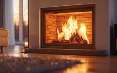 Fototapeta premium A fire burns brightly in a fireplace, casting a warm glow in a modern living room setting