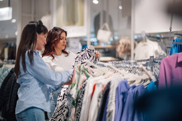 Shopper friends shopping and looking at fashionable dress at store.