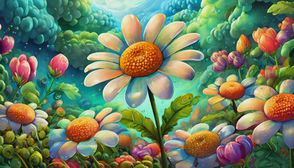 oil painting style CARTOON CHARACTER CUTE Chamomile close-up, 