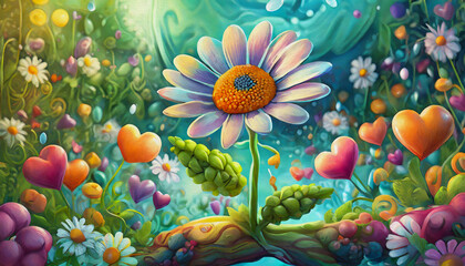 oil painting style CARTOON CHARACTER CUTE Chamomile close-up, 