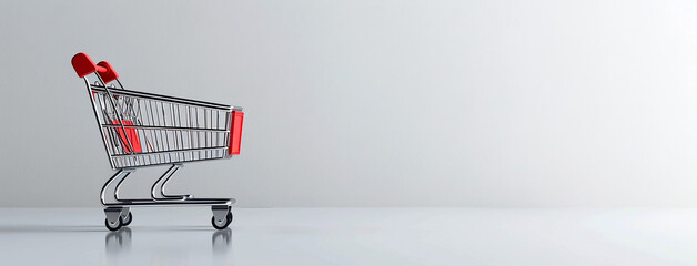 a wide panoramic promotional background image of isolated empty shopping cart trolley parked near a white color textured wall with copy space   