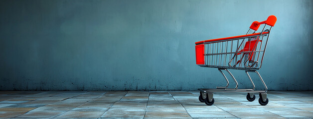 a wide panoramic promotional background image of isolated empty shopping cart trolley parked near a blue color textured wall with copy space   