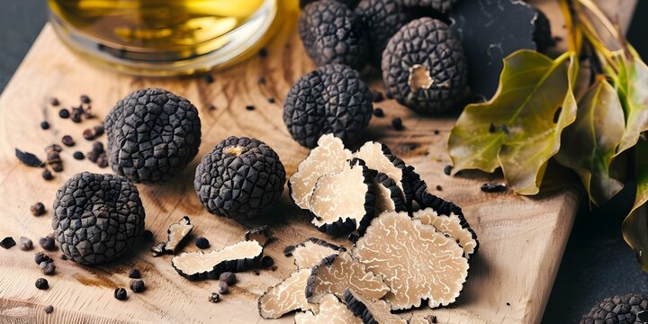 Board of black truffles centered copy space selective focus. Concept Food Photography, Black Truffles, Selective Focus, Copy Space, Culinary Art