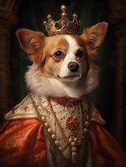 detailed gouache painting of a corgi dog wearing british royal outfit with a crown