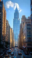 Fototapeta premium skyscrapers rising over a busy urban street with crowded sidewalks, heavy traffic, vibrant shops, and a fast-paced city atmosphere full of energy and contemporary architecture