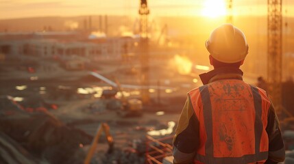 an architect or foreman in a construction helmet and vest observes the progress of construction work at the construction site from the summit. Generative ai