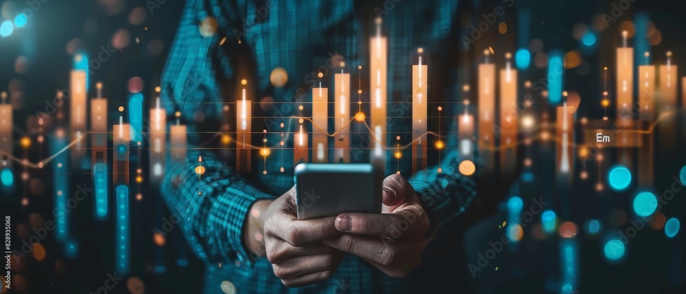 Poster business, finance and investment concept: businessman using mobile smartphone and icon network conne