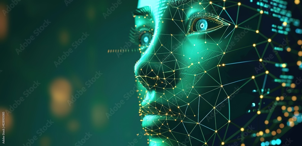 Wall mural A background themed on artificial intelligence and advanced technology with illustrations of humans with glowing green circuit lines