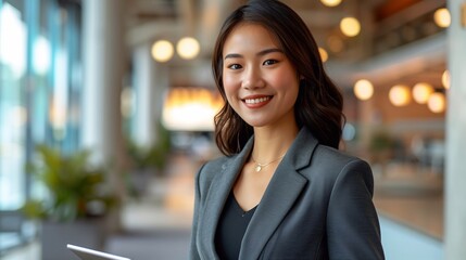 Obraz premium Asian businesswoman holds a tablet and smiles in the background of a modern office. Generative ai