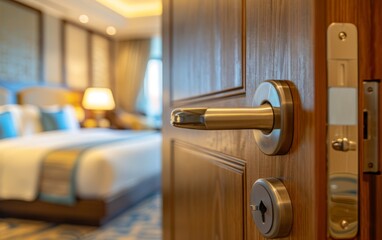 A close-up view of a hotel room door handle, with a bed visible in the background