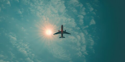 A plane photographed during the day with a view of the hot sun