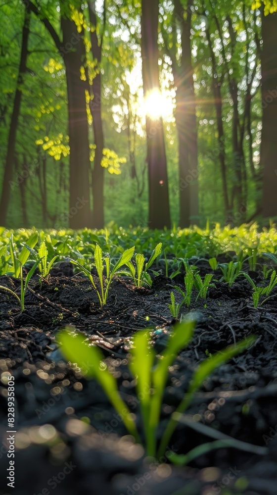 Poster sunlight filters through dense trees in a forest, creating a dappled effect on the ground below