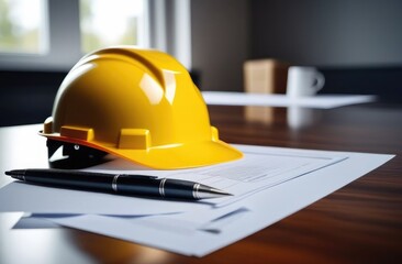 yellow safety helmet and a drawing on the table.