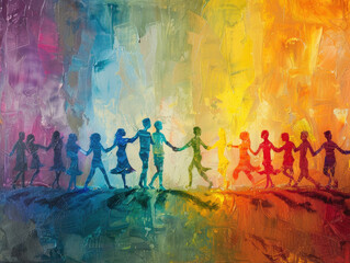Fototapeta premium Vibrant painting of diverse figures holding hands against a rainbow-colored background, symbolizing unity, diversity, and harmony.