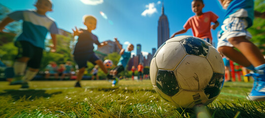 a close-up image of children kicking a soccer ball on a grassy playground, with friends cheering and the Empire State Building visible among the city buildings in the distance, chi