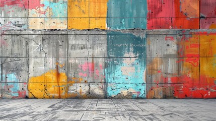 Concrete wall with vibrant street art and industrial elements, ideal for an urban and gritty background design