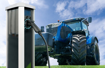 Electric vehicles charging station on a background of agricultural tractor. Concept.