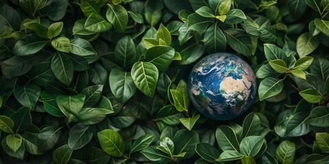 Conceptual image of a miniature Earth globe nested within vibrant green foliage