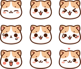 Cute little cat icon illustration with nine facial expressions in Palegold pastel colors