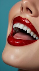 Obraz premium A detailed view of a womans open mouth showcasing vibrant red lipstick