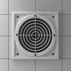 A white vent with black grates is on the ceiling isolated on white background, space for captions, png
