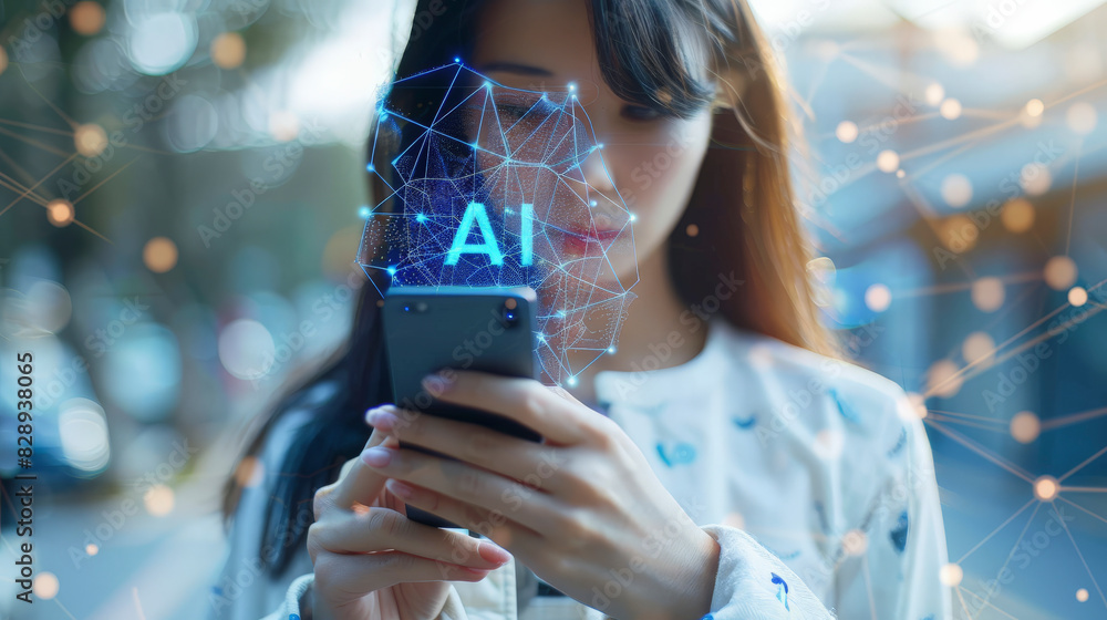 Aufkleber a person uses a smartphone with holographic ai graphics, illustrating the integration of artificial 