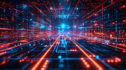 Hightech digital grid featuring holograms and data streams, creating a dynamic and futuristic background