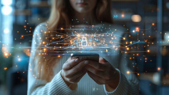 A person using a smartphone with a holographic lock symbol, signifying digital security and data protection in a connected world.