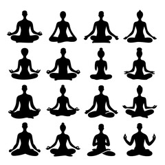 set of yoga and meditation silhouettes poses