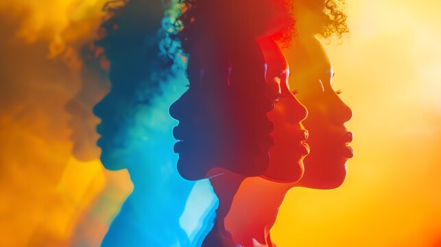 Abstract double exposure portrait of a woman with colorful, vibrant light effects conveying creativity, emotion, and introspection.