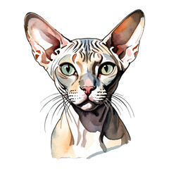 Sphynx Cat Hand Drawn Watercolor Painting Illustration