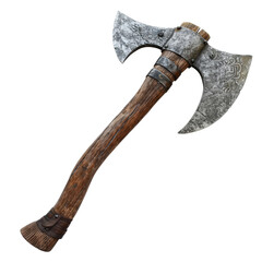 Ancient Double-Edged Battle Axe with Wooden Handle, Isolated without Background