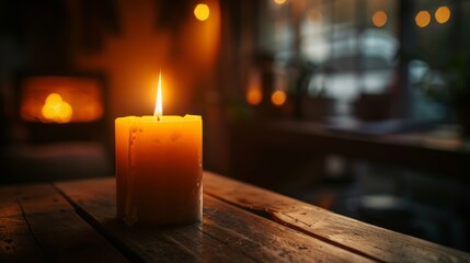 Lit candle sits on wooden table.