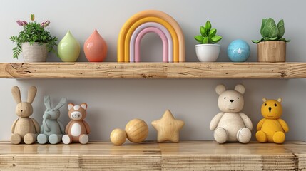 Obraz premium Wooden toys lined up on wooden shelves against wall.