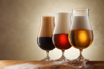 Three glasses full of beer on wooden table. Draught beer in glasses on a wooden countertop. Shallow depth of field. Copy space