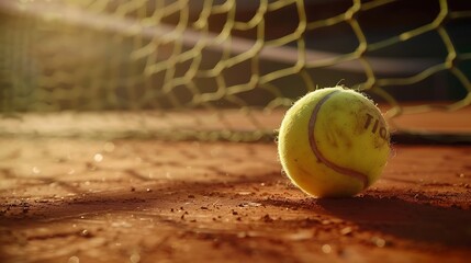 A close-up of a tennis ball resting on a pristine clay court, with a net in the background.