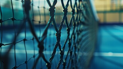 A close-up of a tennis net with the court lines clearly visible in the background. - Powered by Adobe