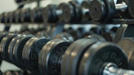 Rows of dumbbells in the gym with hand